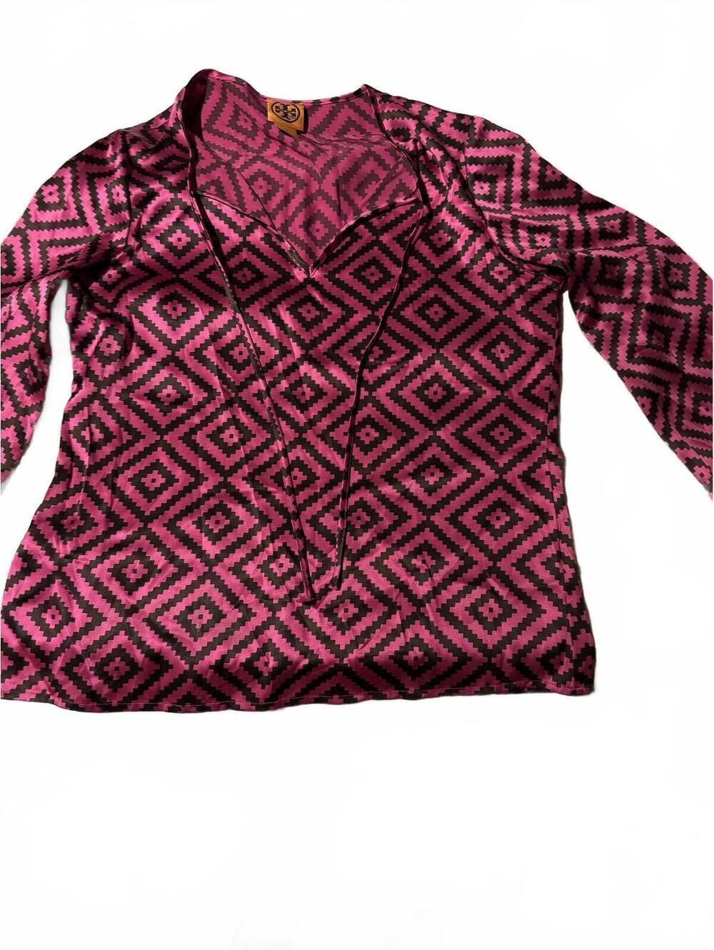 Tory Burch 100% Silk Tunic Top Women's size 10 Purple Geometric Aztec Print